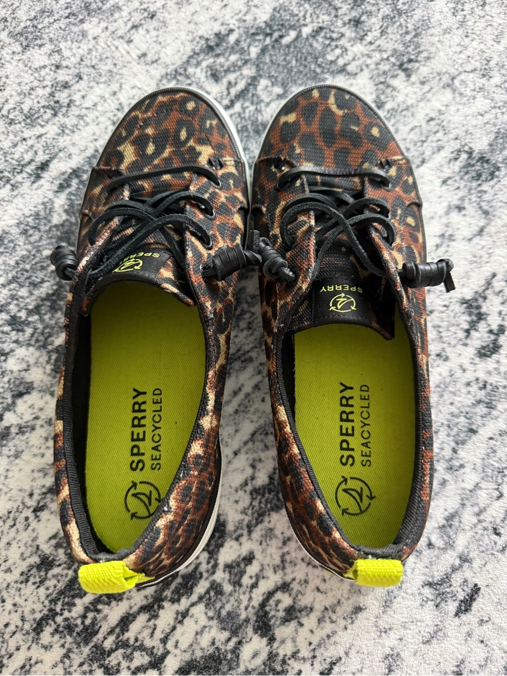 Sperry Leopard Print Canvas Slip-On Sneakers with Neon Yellow Insoles